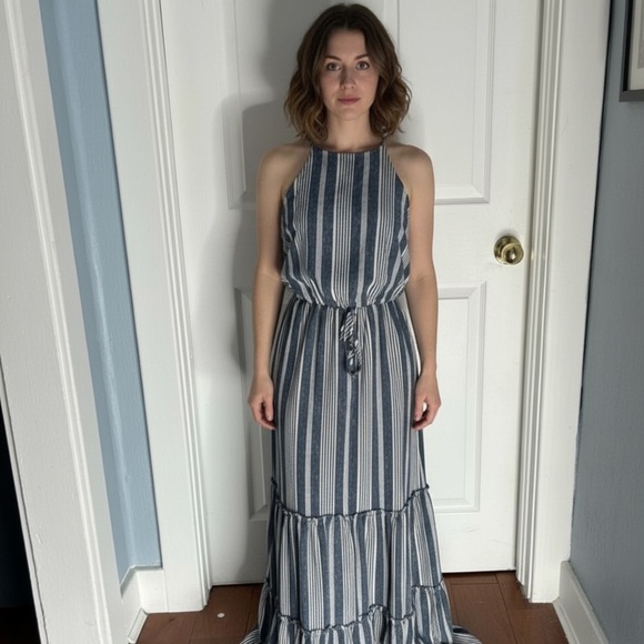 ➕Unbranded Striped Denim Blue and White Halter Maxi Dress - Picture 1 of 7